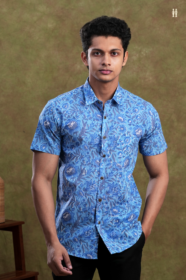 Regular Collar Floral Printed Blue Cotton Shirt