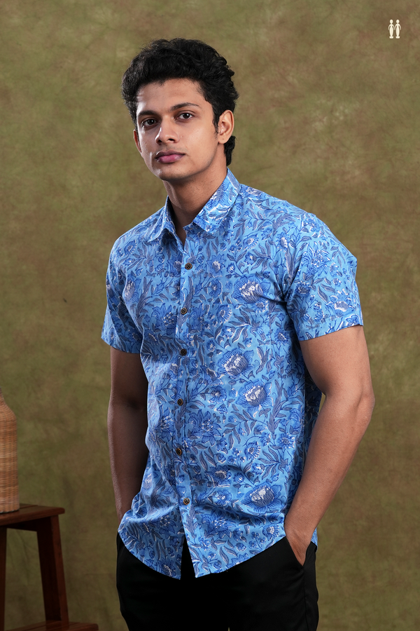 Regular Collar Floral Printed Blue Cotton Shirt