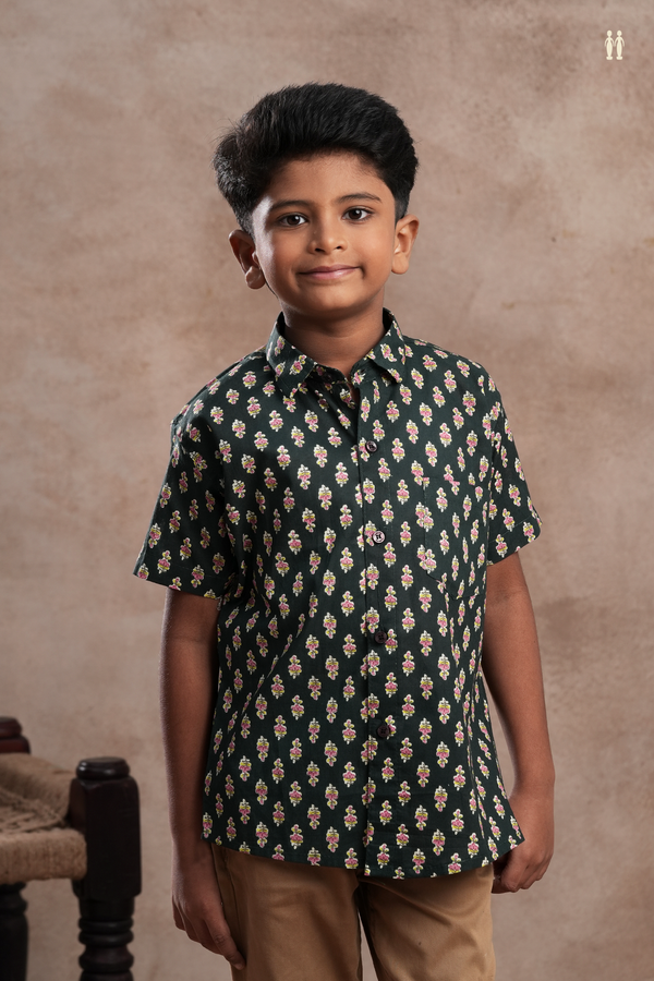 Regular Collar Floral Printed Bottle Green Cotton Shirt