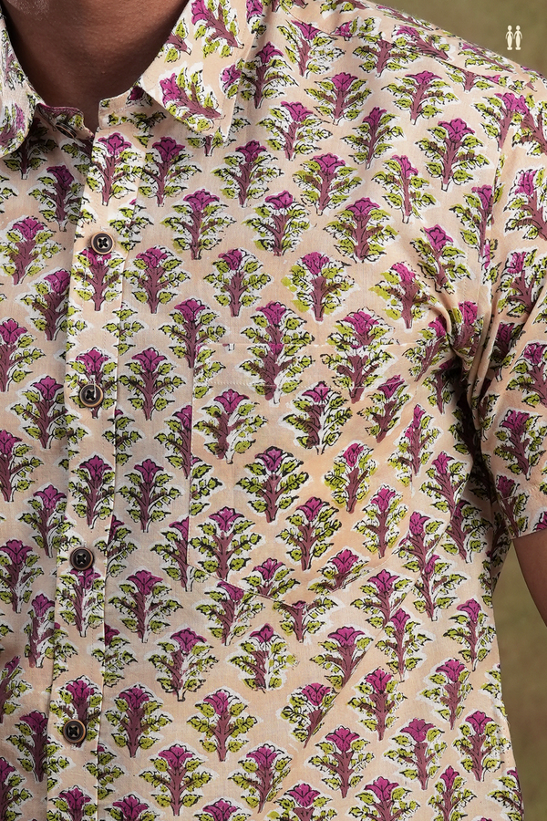 Regular Collar Floral Printed Cream Color Cotton Shirt