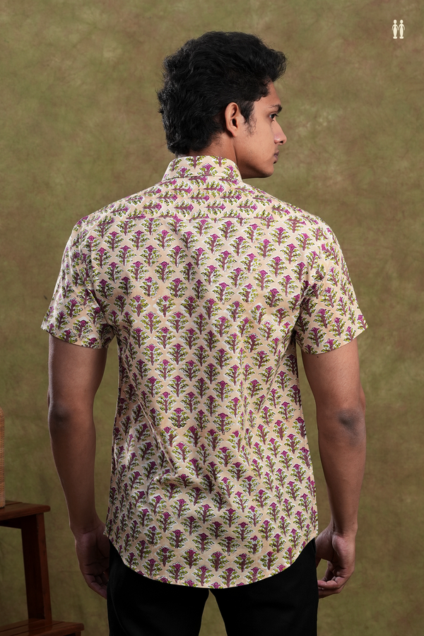 Regular Collar Floral Printed Cream Color Cotton Shirt