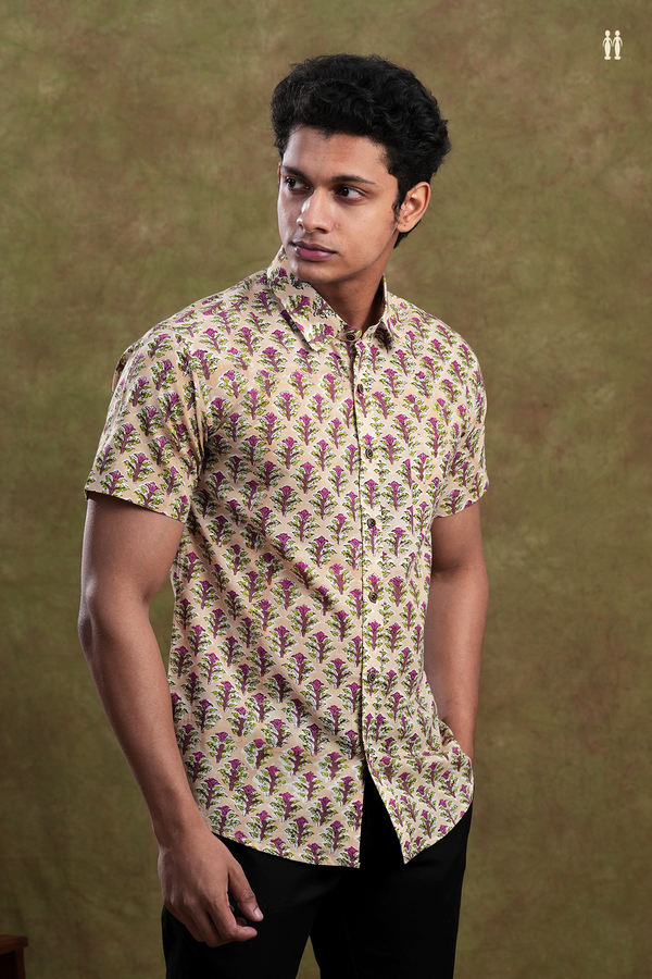 Regular Collar Floral Printed Cream Color Cotton Shirt
