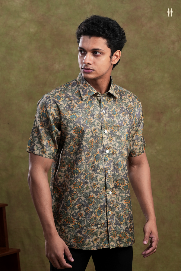 Regular Collar Floral Printed Design Khaki Tussar Silk Shirt