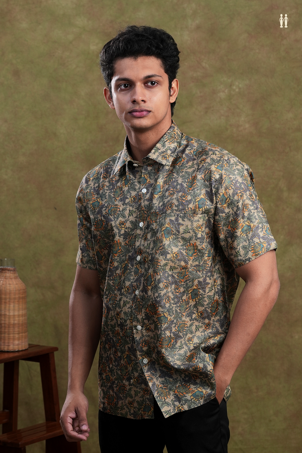 Regular Collar Floral Printed Design Khaki Tussar Silk Shirt