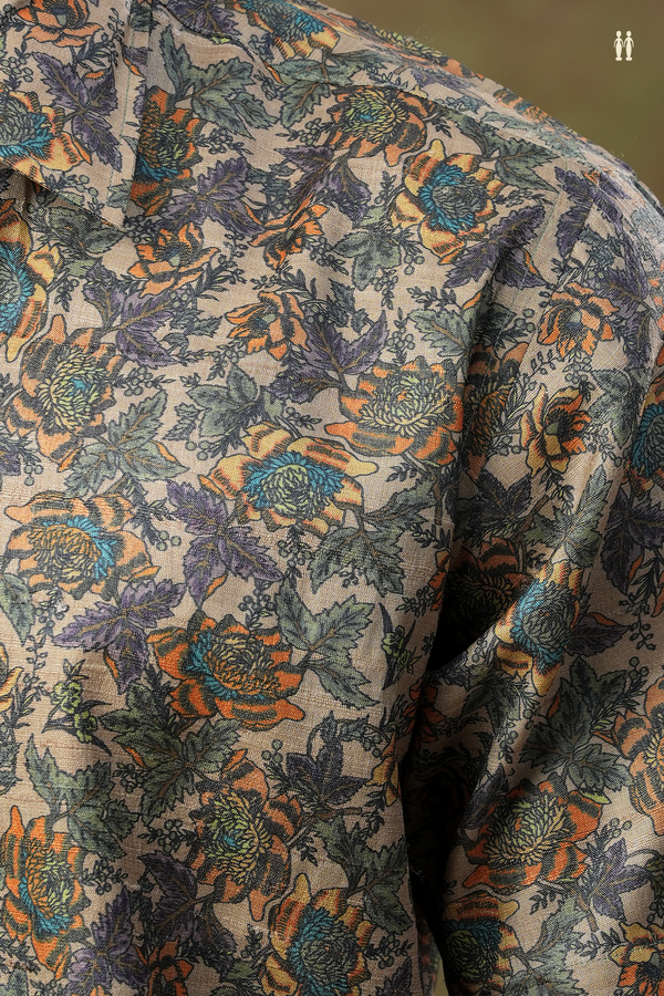 Regular Collar Floral Printed Design Khaki Tussar Silk Shirt