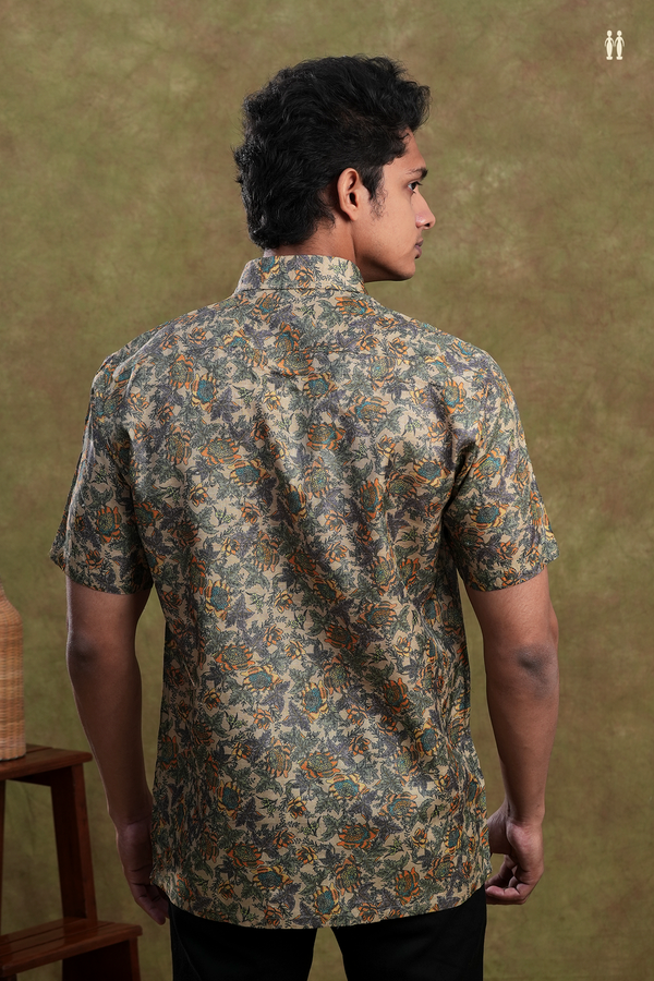 Regular Collar Floral Printed Design Khaki Tussar Silk Shirt