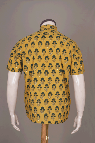 Regular Collar Golden Yellow Ajrakh Printed Cotton Shirt