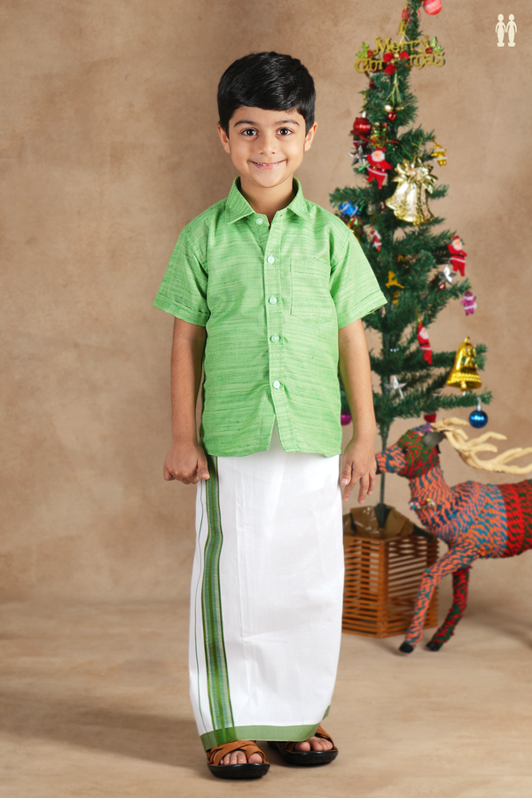 Regular Collar Green Cotton Shirt With Velcro Dhoti Set