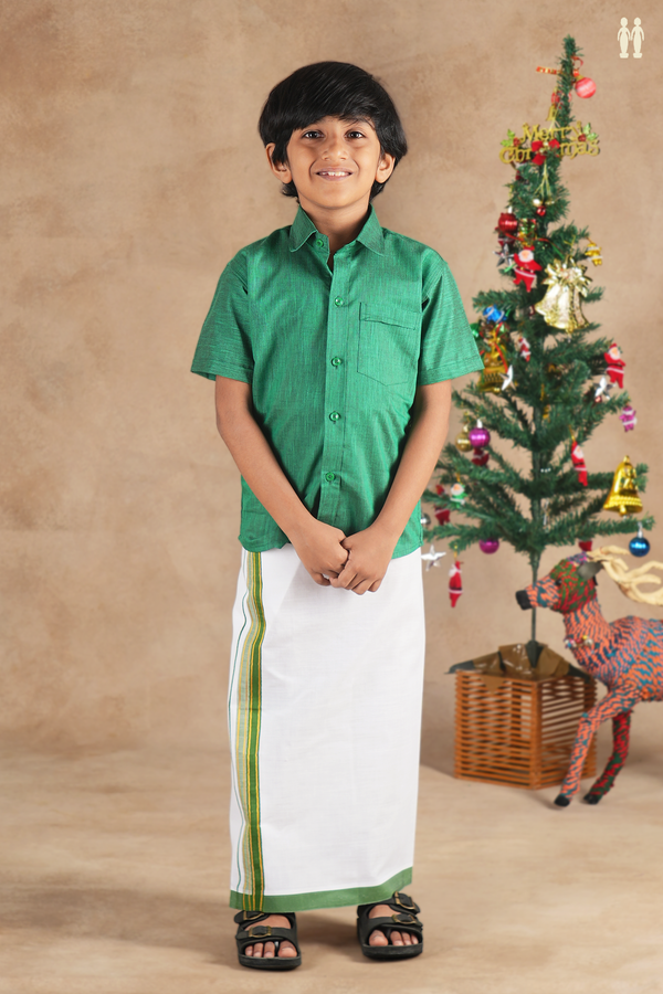 Regular Collar Green Cotton Shirt With Velcro Dhoti Set