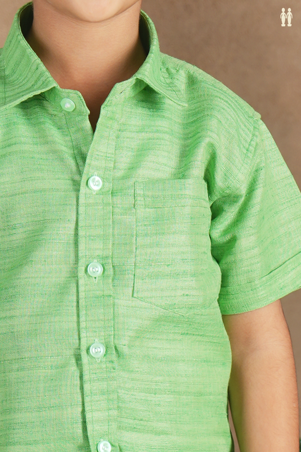 Regular Collar Green Cotton Shirt With Velcro Dhoti Set