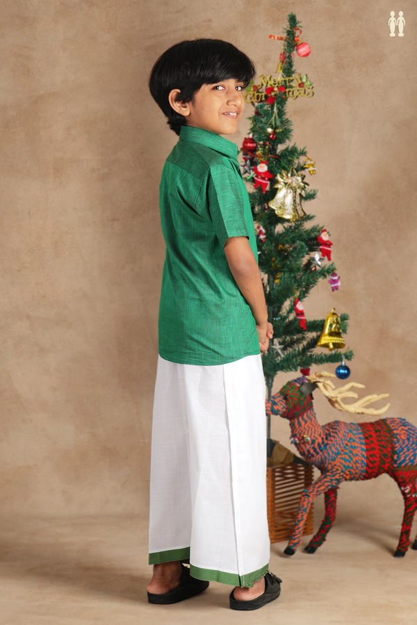 Regular Collar Green Cotton Shirt With Velcro Dhoti Set