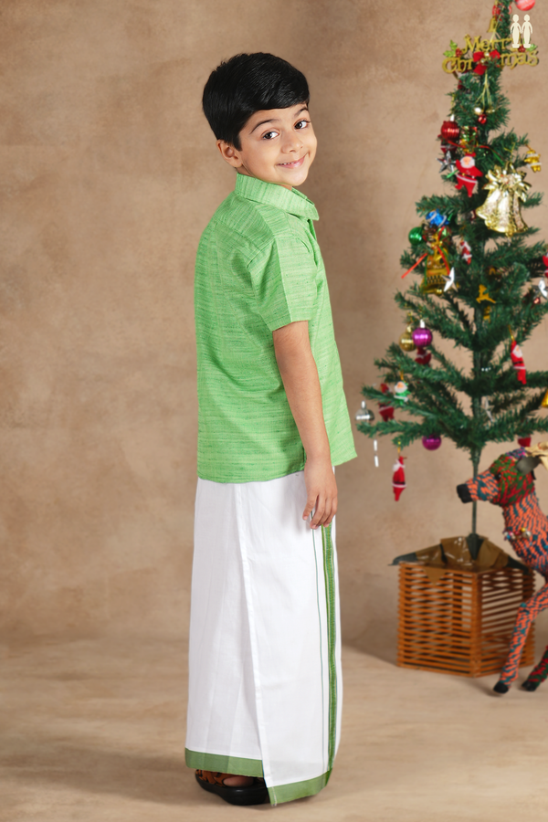 Regular Collar Green Cotton Shirt With Velcro Dhoti Set