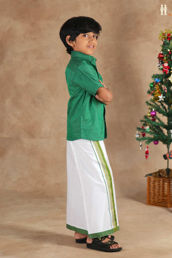 Regular Collar Green Cotton Shirt With Velcro Dhoti Set