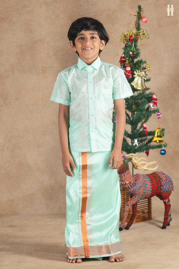 Regular Collar Green Silk Shirt With Velcro Dhoti Set