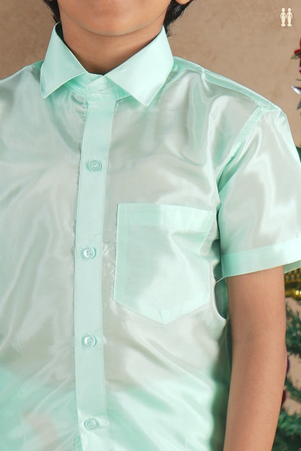 Regular Collar Green Silk Shirt With Velcro Dhoti Set