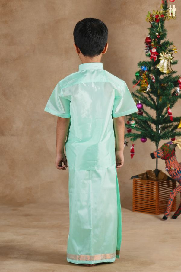 Regular Collar Green Silk Shirt With Velcro Dhoti Set