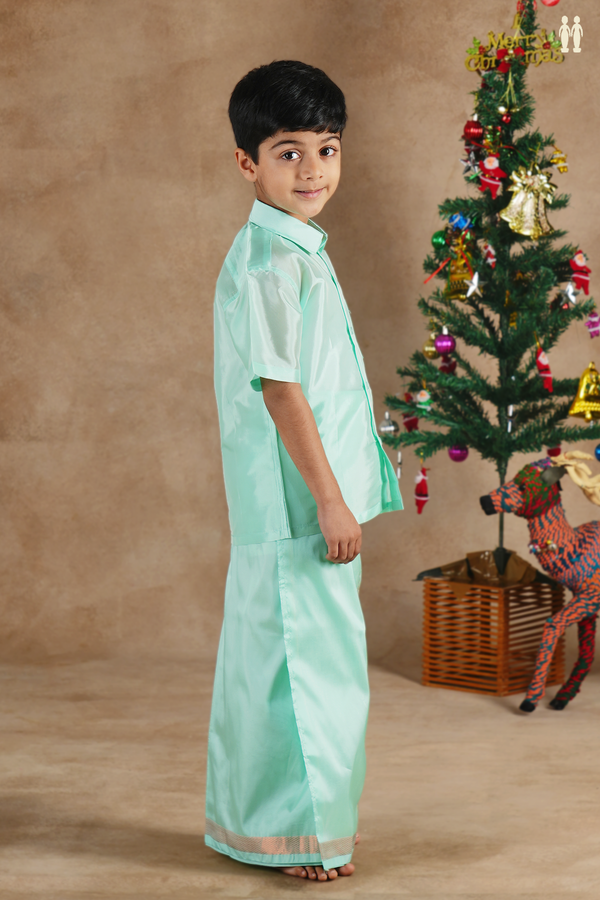 Regular Collar Green Silk Shirt With Velcro Dhoti Set