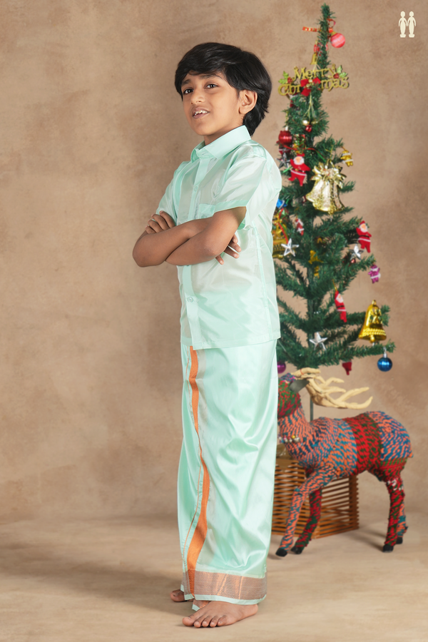 Regular Collar Green Silk Shirt With Velcro Dhoti Set