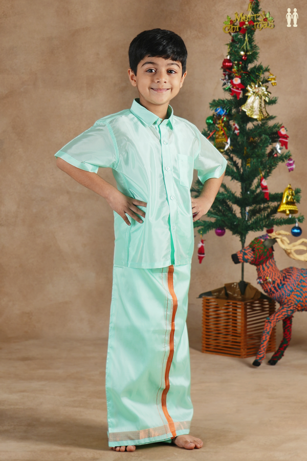Regular Collar Green Silk Shirt With Velcro Dhoti Set