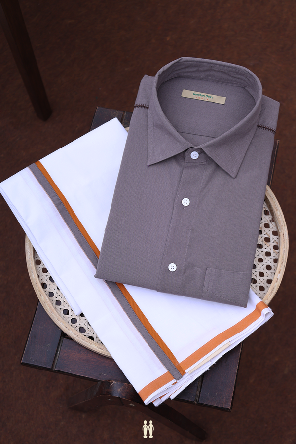 Regular Collar Greyish Brown Cotton Shirt With Dhoti Set