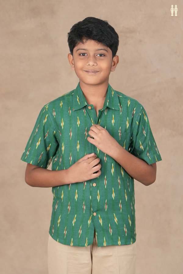Regular Collar Ikat Buttas Green Cotton Shirt