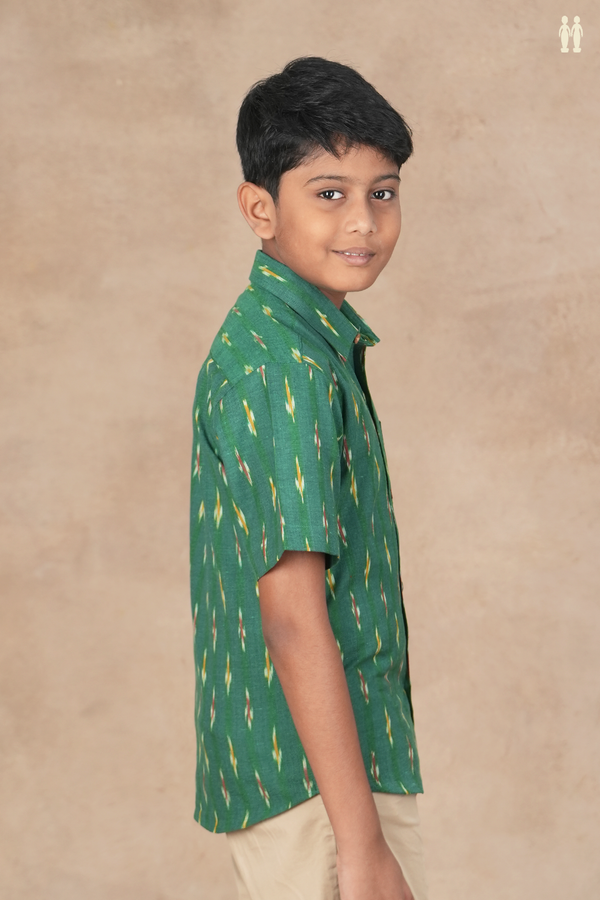 Regular Collar Ikat Buttas Green Cotton Shirt