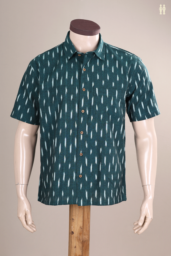 Regular Collar Ikat Design Pine Green Cotton Shirt