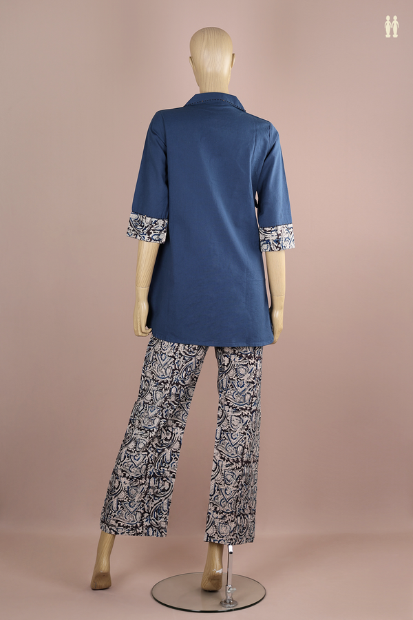 Regular Neck Kalamkari Design Blue Cotton Top And Bottom Set