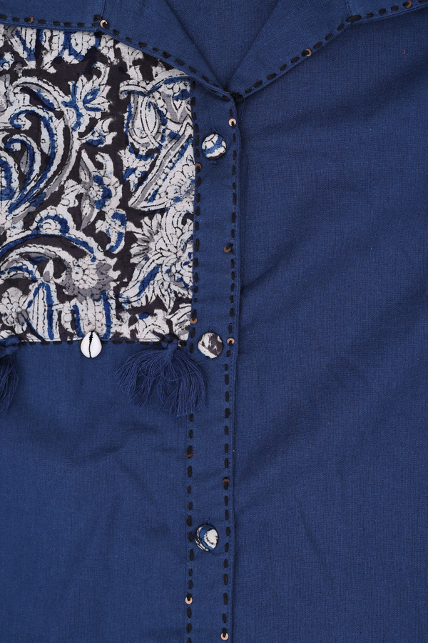 Regular Neck Kalamkari Design Blue Cotton Top And Bottom Set