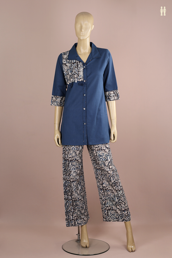 Regular Neck Kalamkari Design Blue Cotton Top And Bottom Set
