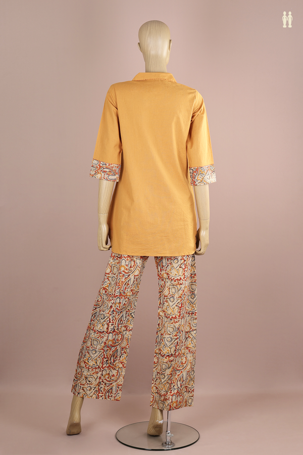Regular Neck Kalamkari Design Yellow Cotton Top And Bottom Set