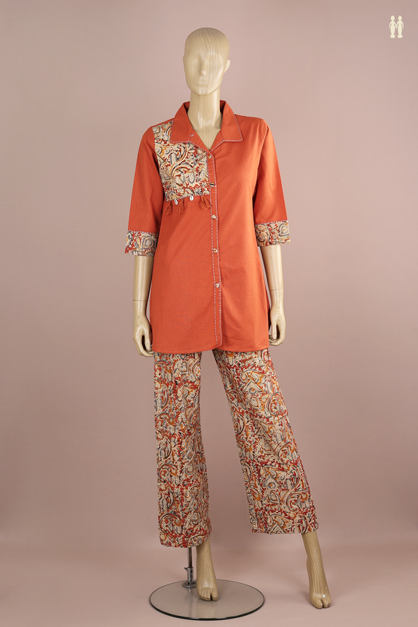 Regular Neck Kalamkari Design Orange Cotton Top And Bottom Set