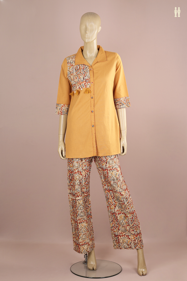 Regular Neck Kalamkari Design Yellow Cotton Top And Bottom Set