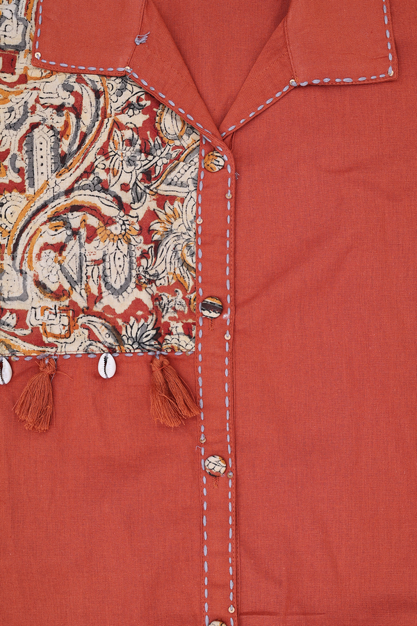 Regular Neck Kalamkari Design Orange Cotton Top And Bottom Set