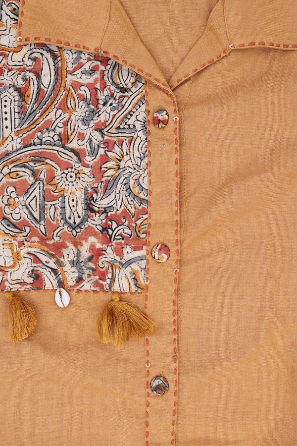 Regular Neck Kalamkari Design Yellow Cotton Top And Bottom Set