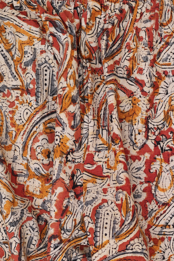 Regular Neck Kalamkari Design Orange Cotton Top And Bottom Set