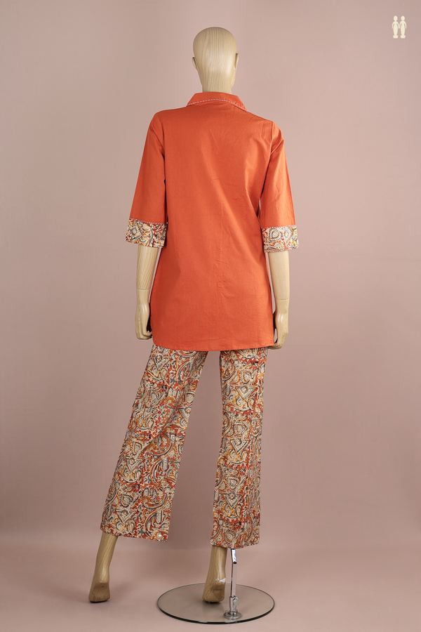 Regular Neck Kalamkari Design Orange Cotton Top And Bottom Set