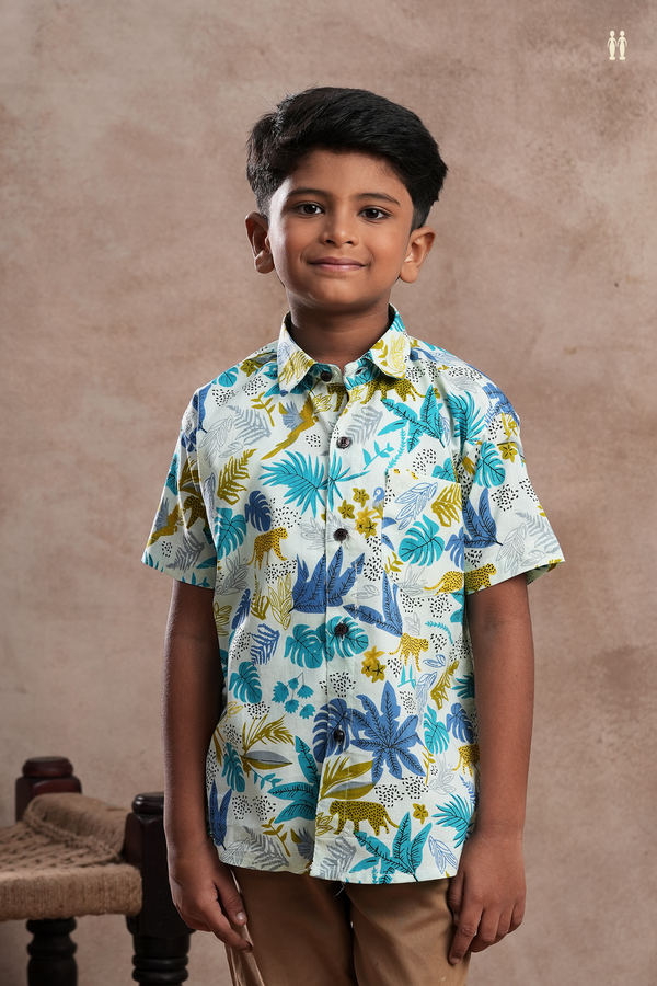 Regular Collar Leaf Printed Multicolor Cotton Shirt