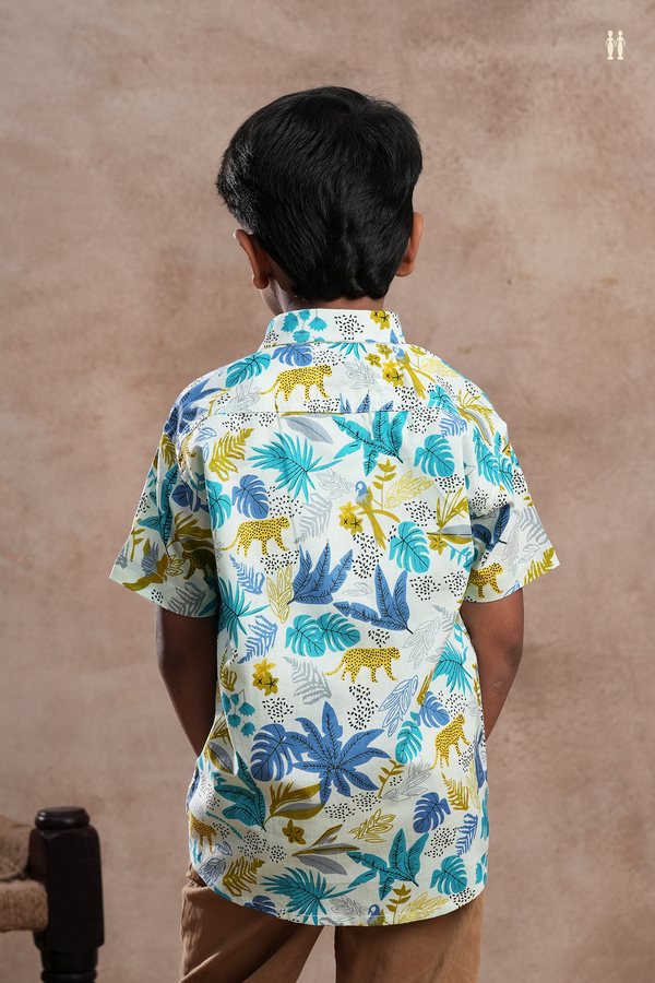 Regular Collar Leaf Printed Multicolor Cotton Shirt