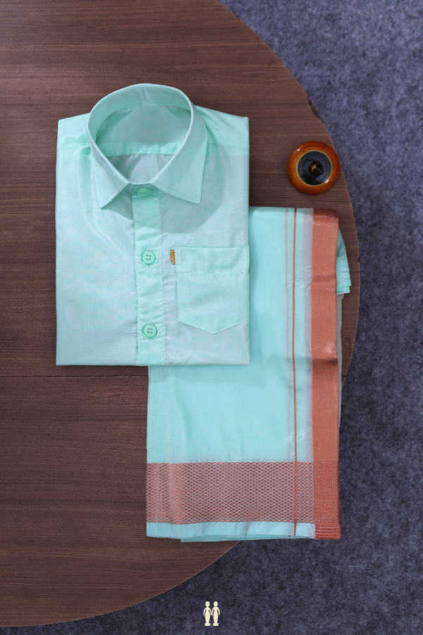 Regular Collar Mint Green Art Silk Shirt With Velcro Dhoti Set