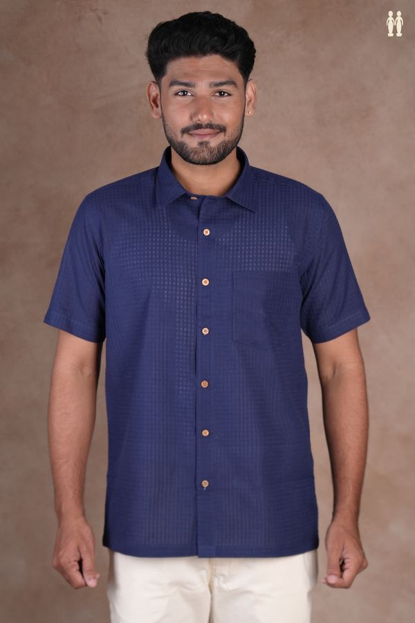 Regular Collar Navy Blue Cotton Shirt