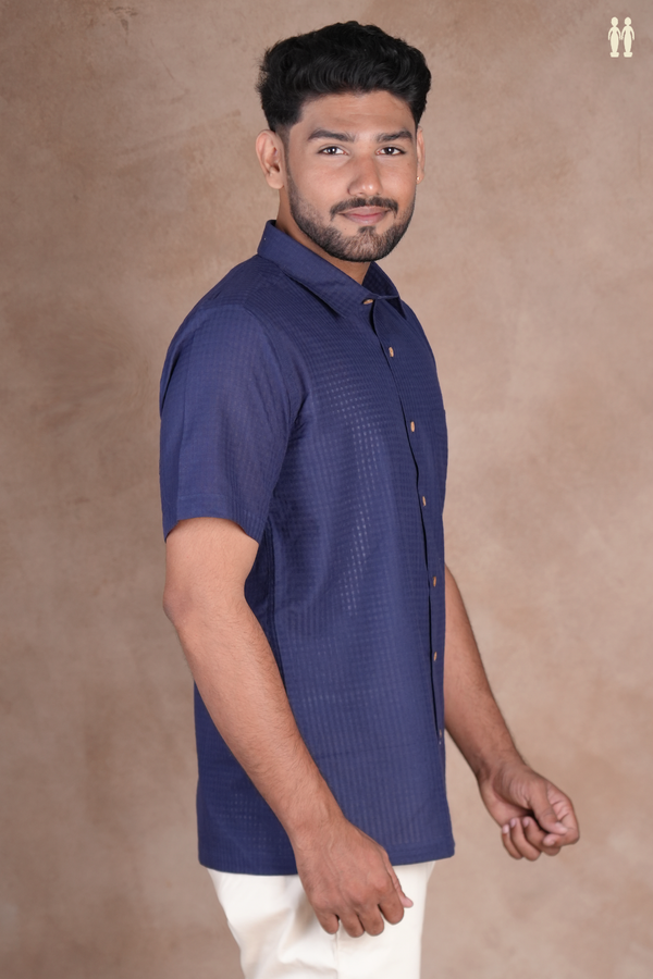 Regular Collar Navy Blue Cotton Shirt