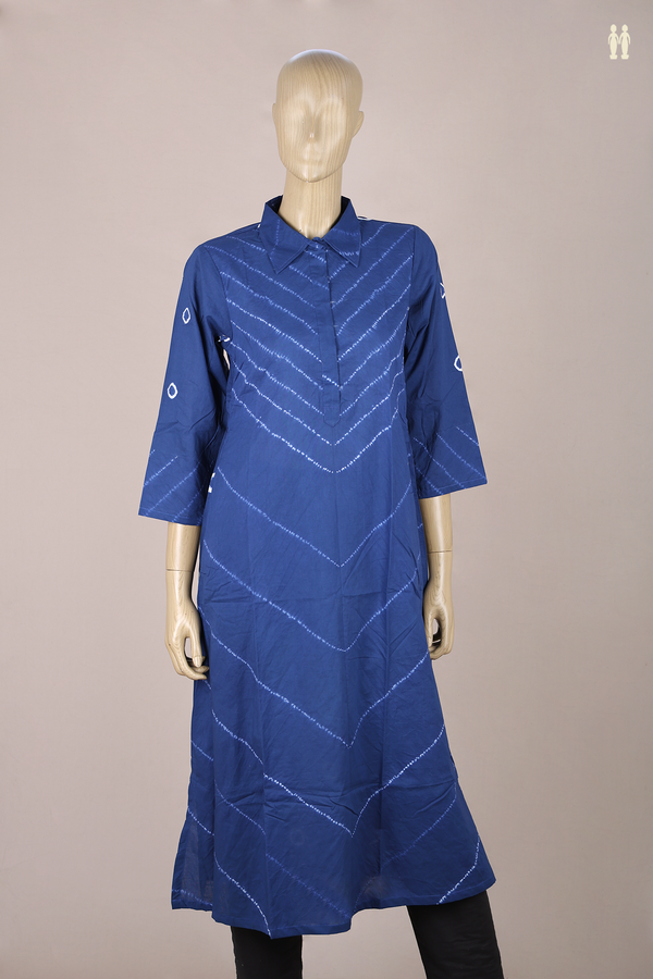 Regular Neck Shibori Design Blue Cotton Long Kurta
