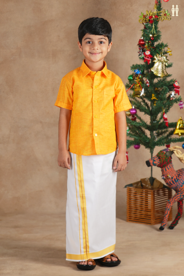 Regular Collar Yellow Cotton Shirt With Velcro Dhoti Set