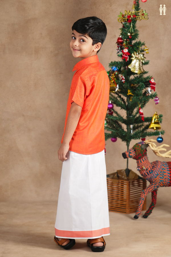 Regular Collar Orange Cotton Shirt With Velcro Dhoti Set
