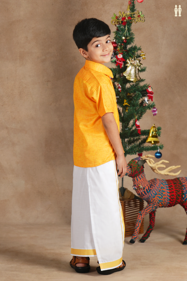 Regular Collar Yellow Cotton Shirt With Velcro Dhoti Set