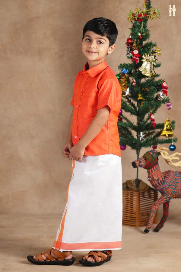 Regular Collar Orange Cotton Shirt With Velcro Dhoti Set
