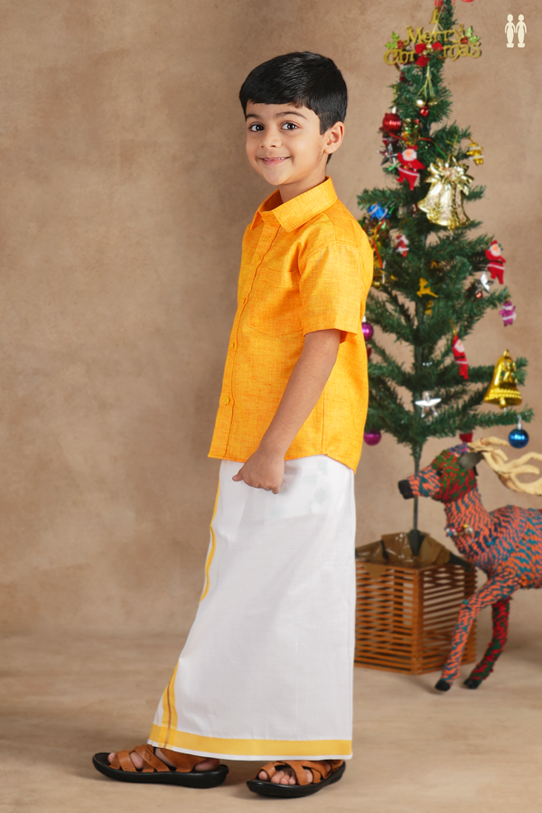 Regular Collar Yellow Cotton Shirt With Velcro Dhoti Set