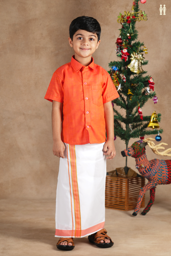 Regular Collar Orange Cotton Shirt With Velcro Dhoti Set
