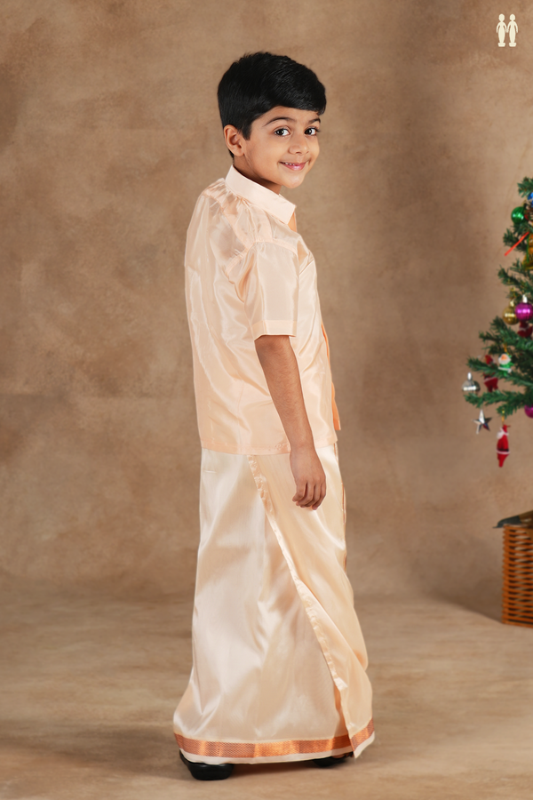 Regular Collar Orange Silk Shirt With Velcro Dhoti Set